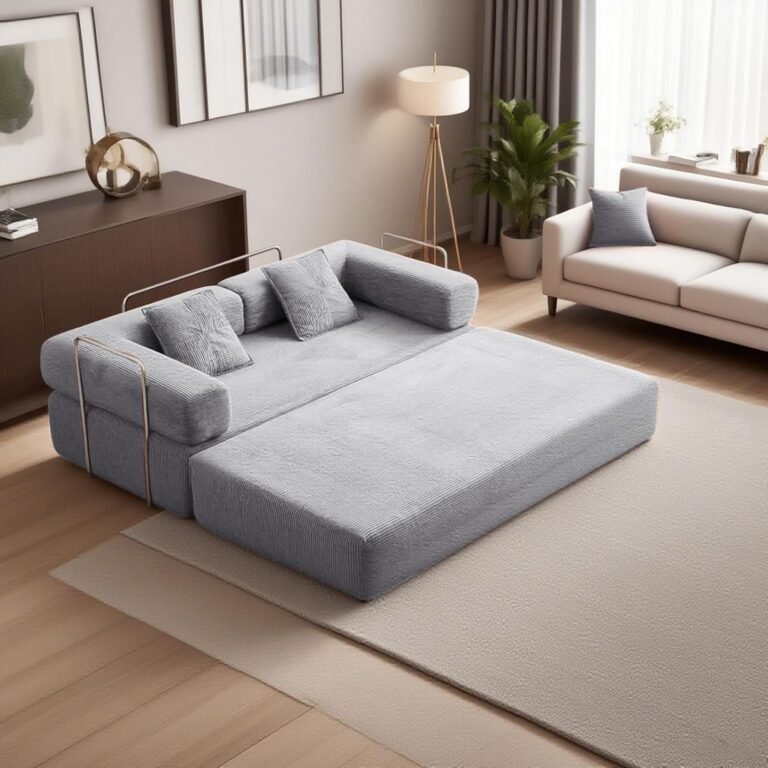 79" Convertible Sofa Bed with 2 Pillows, Fixed-Shape Frame, Removable Armrests, Corduroy Boneless Futon Sofa Bed, Modular Foldable Sleeper Couch for Living Room, Bedroom, Dorm（Beige Grey）