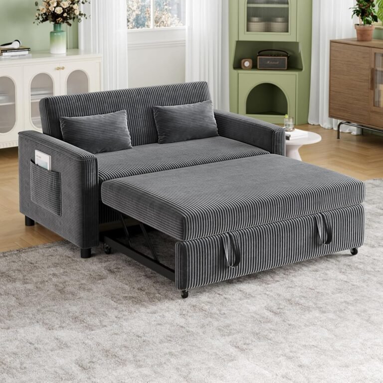 55.51" Sleeper Sofa Bed,Pull Out Couch with Side Pockets,3 in 1 Corduroy Fabric Loveseat Sleeper Sofa,Pull Out Sofa Bed with Adjustable Backrest for Living Room, Bedroom, Apartment,（Gray）