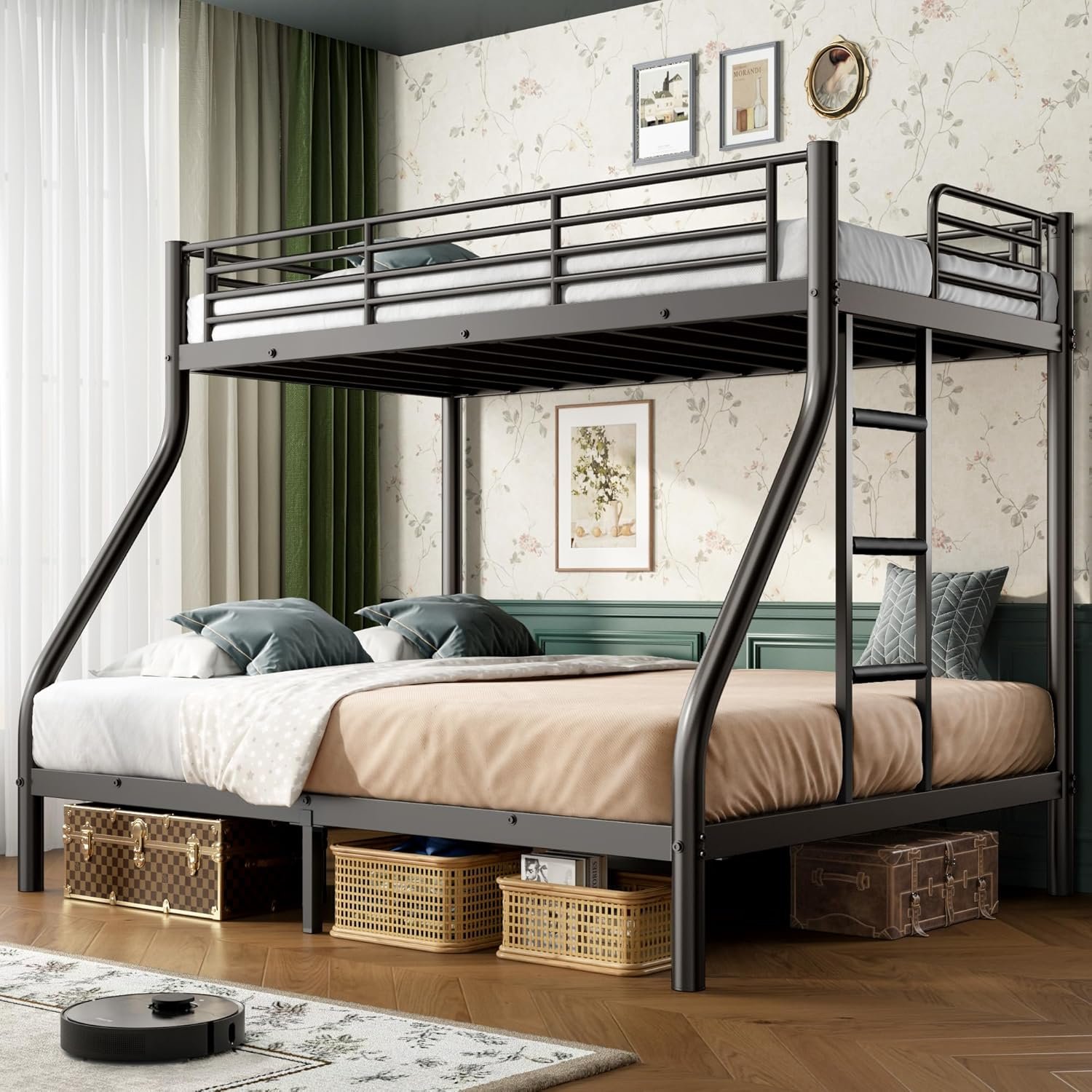 Bunk Beds Twin XL Over Queen, Heavy Duty Bunk Beds with Bottom Space & Guardrail Metal Bunk Bed Frame for Adults Teens Dorm Bedroom Guest Room, No Box Spring Needed（Black）
