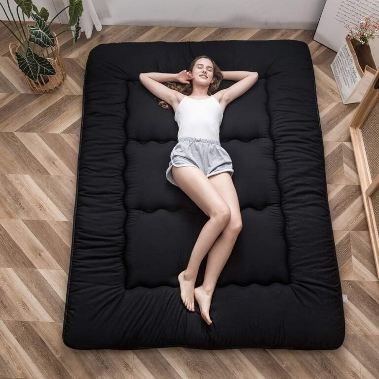 MAXYOYO Japanese Floor Mattress Futon Mattress, 4" Thicken Tatami Mat Sleeping Pad Foldable Roll Up Mat Boys Girls Dormitory Pad Kids Floor Lounger Cushion, Black, Queen
