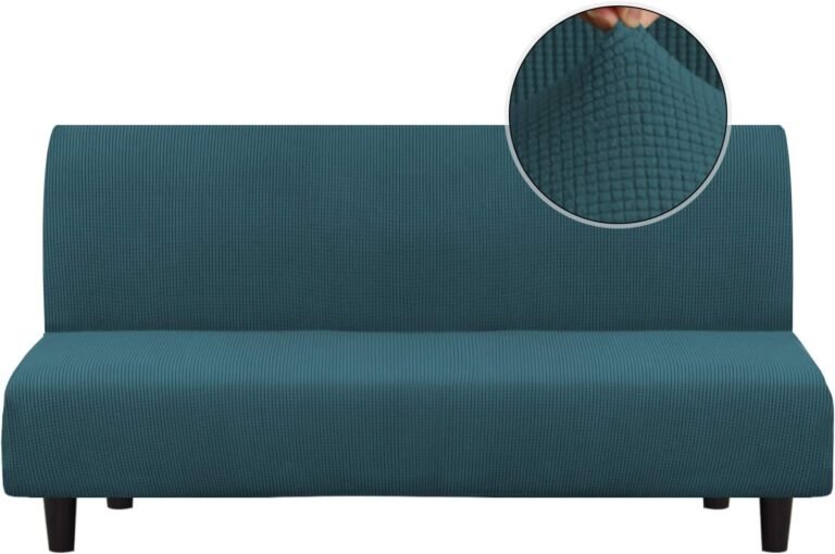 Turquoize Stretch Futon Cover Armless Sofa Cover Sofa Bed Slipcover Futon Couch Cover Furniture Protector with Elastic Bottom Feature Thick Soft Checked Jacquard Fabric, Deep Teal