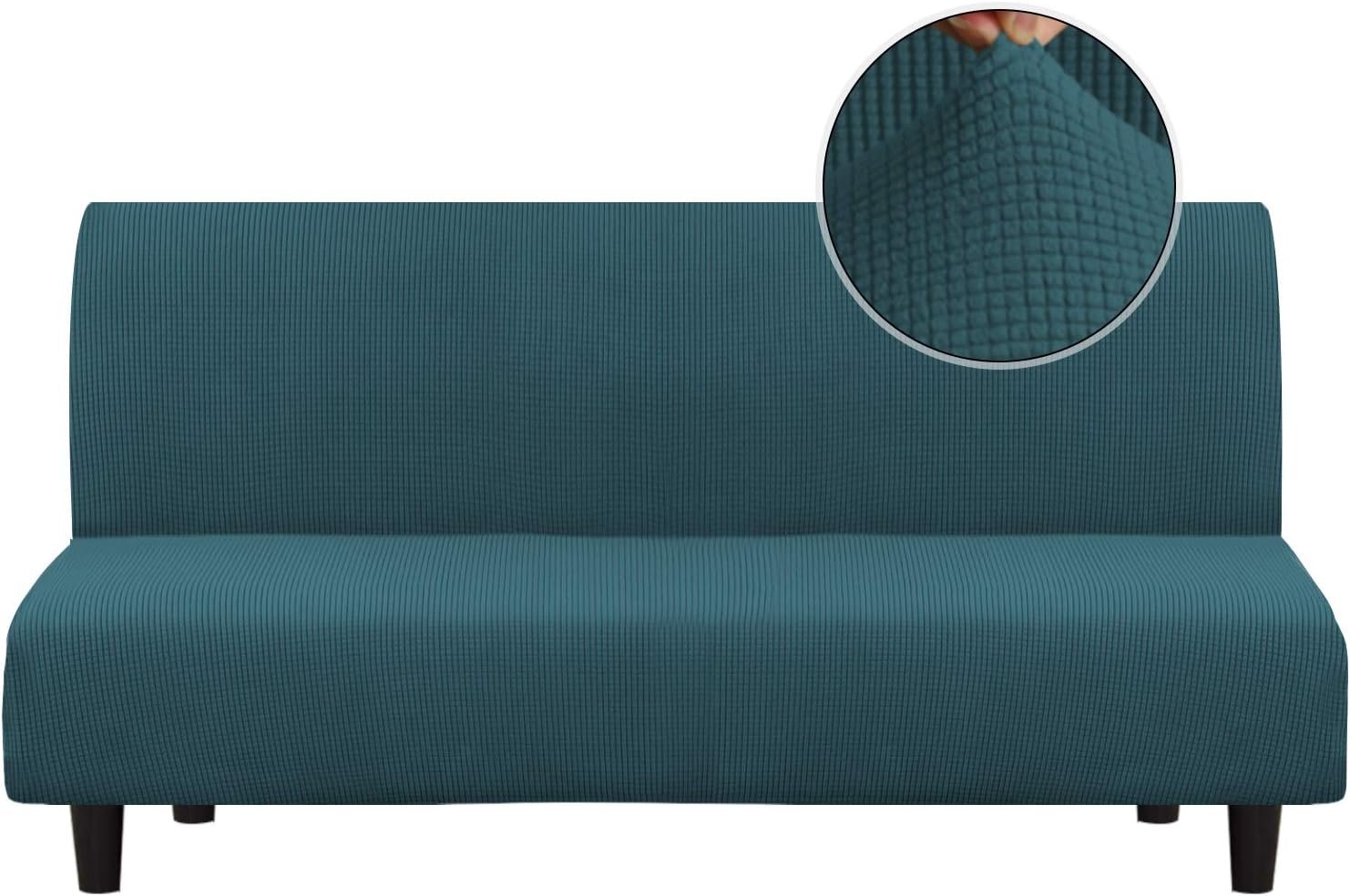 Turquoize Stretch Futon Cover Armless Sofa Cover Sofa Bed Slipcover Futon Couch Cover Furniture Protector with Elastic Bottom Feature Thick Soft Checked Jacquard Fabric, Deep Teal